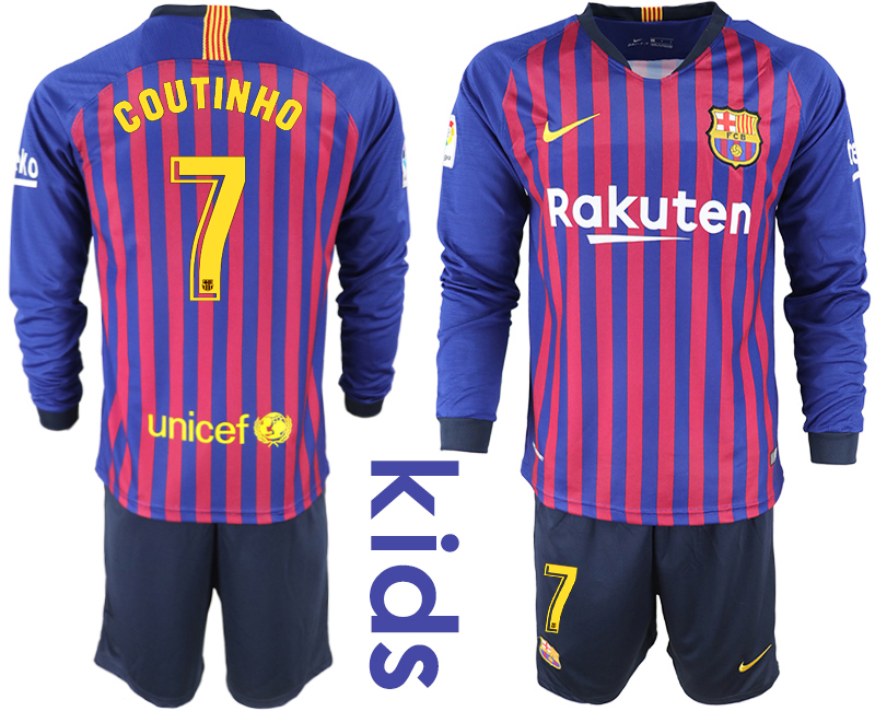 2018_2019 Club Barcelona home long sleeve Youth #7 soccer jerseys